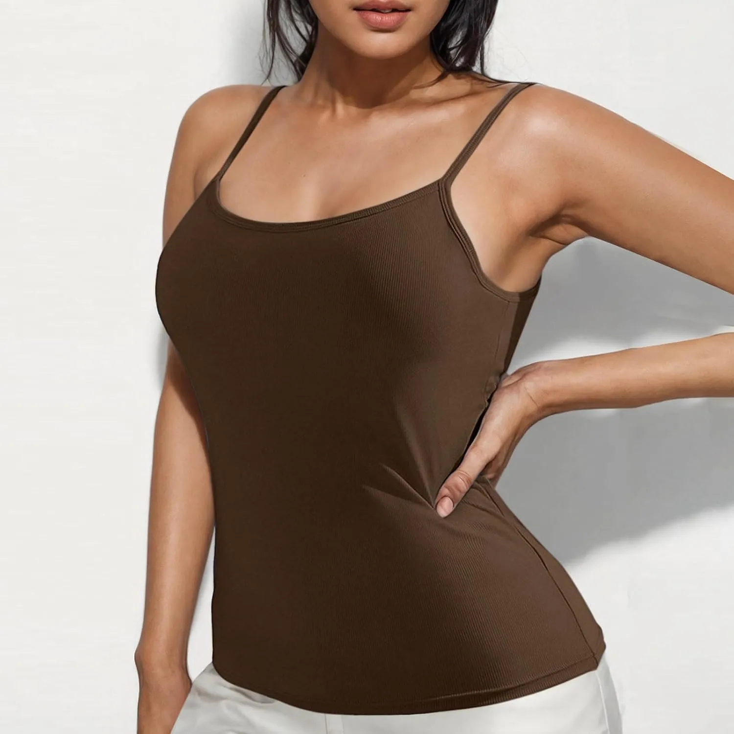 Camisole Tops for Women Built in Bra Adjustable Spaghetti Strap Ribbed Tank Top Casual Summer Padded Cami Shirts