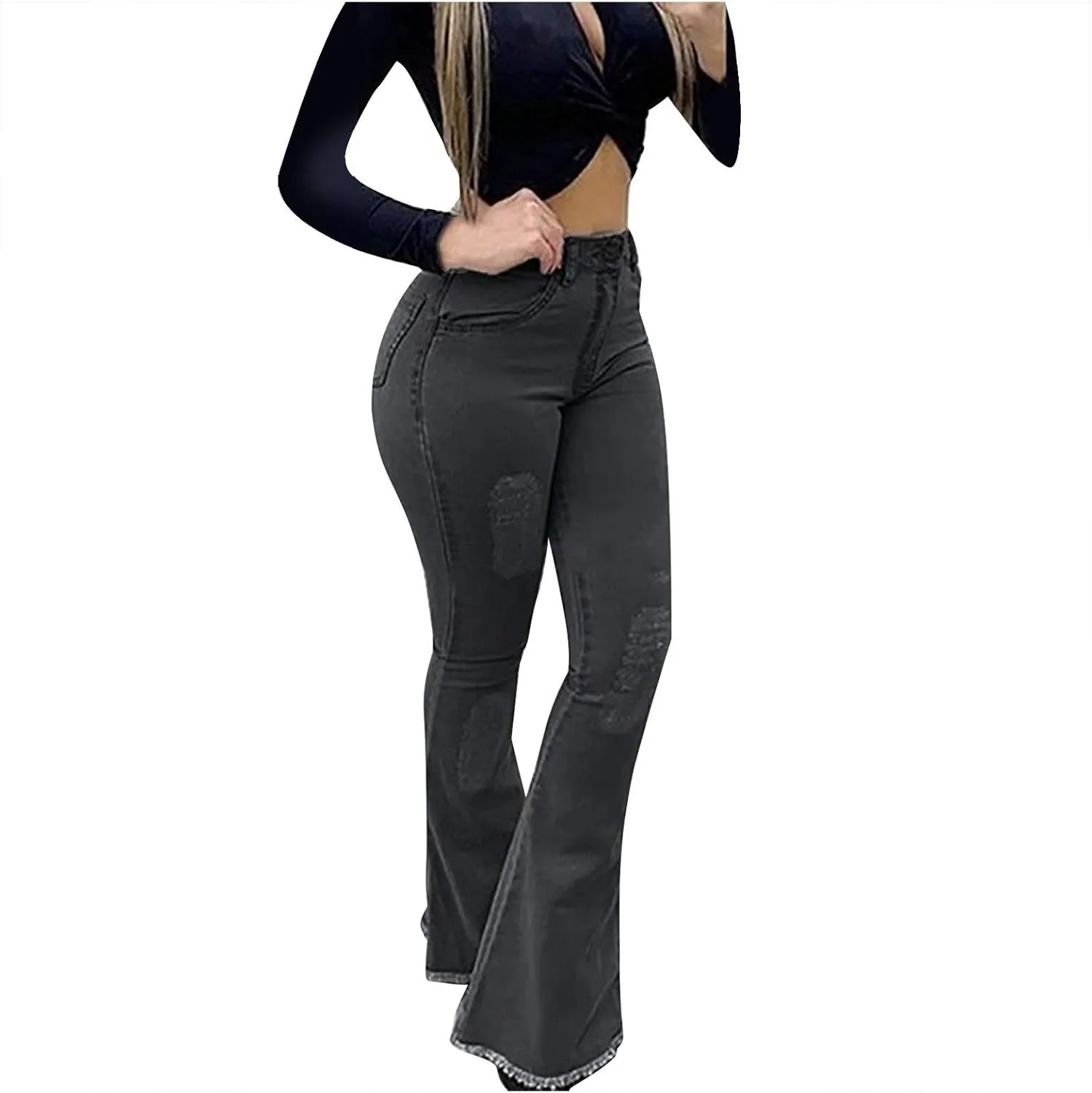 Cdiecer Bell Bottom Jeans for Women High Waisted Flare Jeans Control Belly Jeans Stretchy Hem Denim Pants