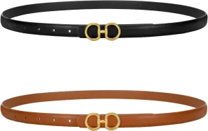 CESCOSI Women Skinny Leather Belts Ladies 2 Pack Thin Waist Belts with Gold Buckle for Dresses 0.7" Width
