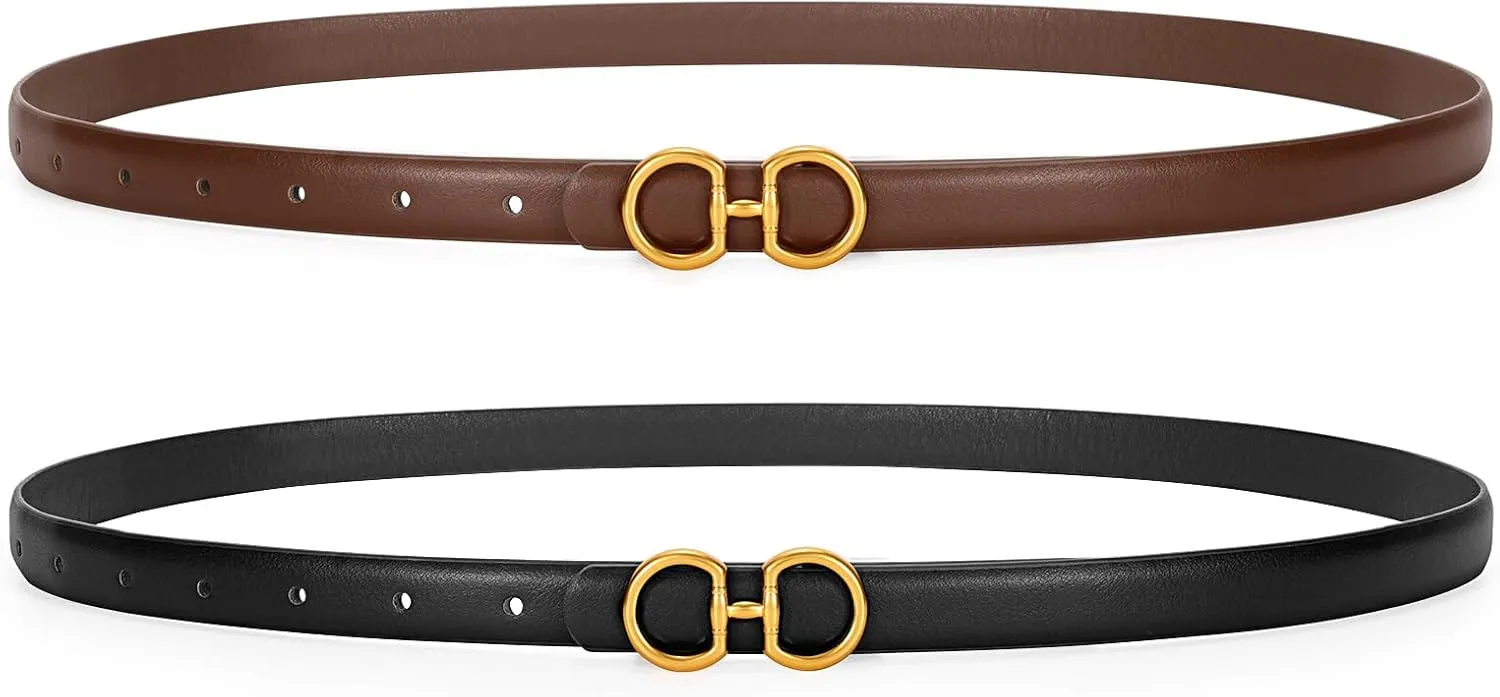 CESCOSI Women Skinny Leather Belts Ladies 2 Pack Thin Waist Belts with Gold Buckle for Dresses 0.7" Width