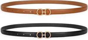 CESCOSI Women Skinny Leather Belts Ladies 2 Pack Thin Waist Belts with Gold Buckle for Dresses 0.7" Width