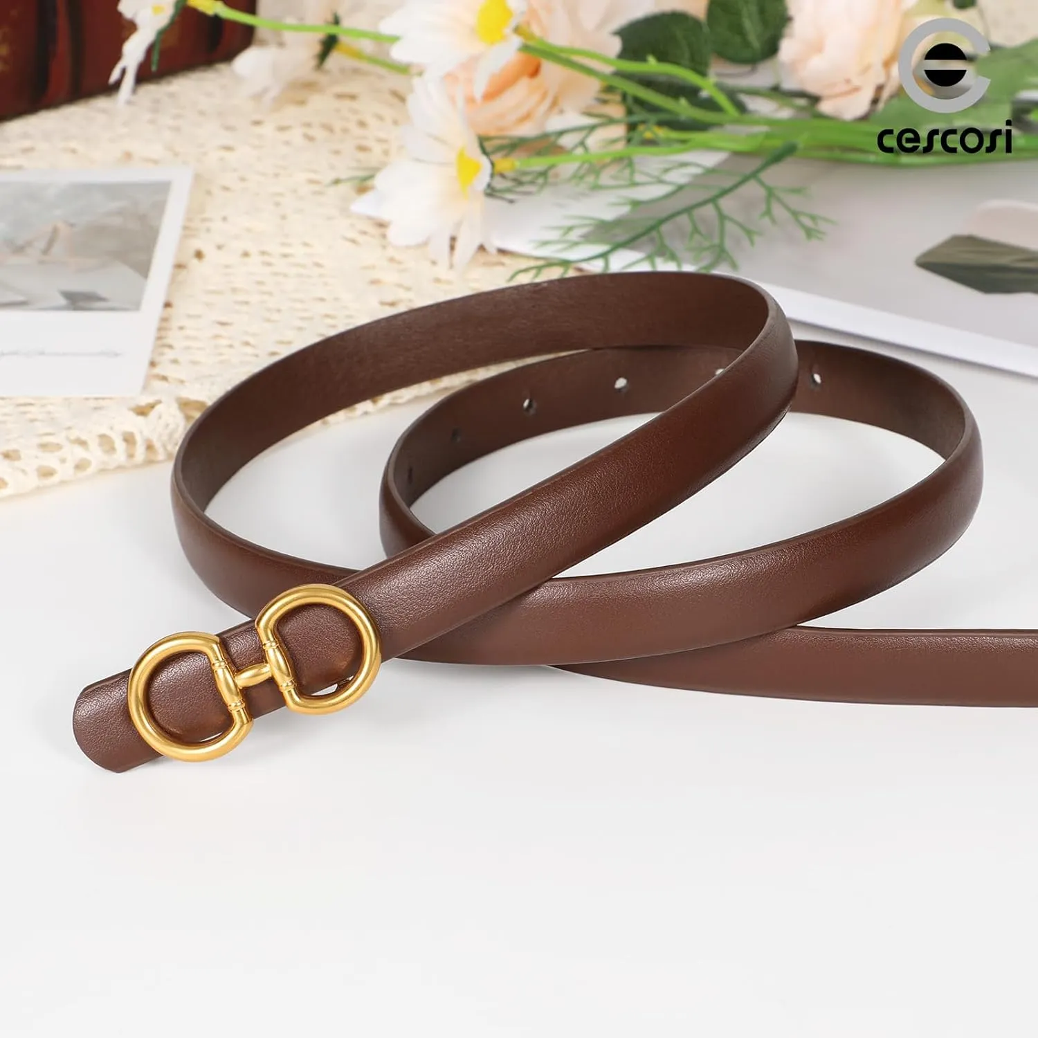 CESCOSI Women Skinny Leather Belts Ladies 2 Pack Thin Waist Belts with Gold Buckle for Dresses 0.7" Width