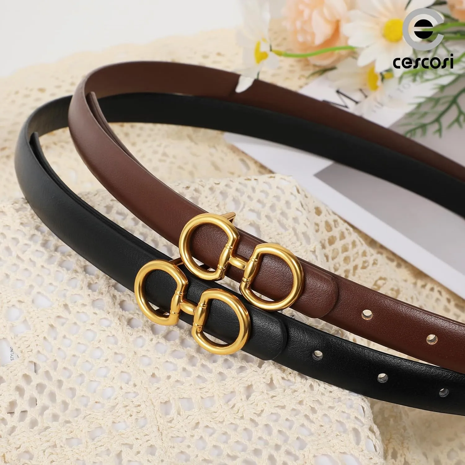 CESCOSI Women Skinny Leather Belts Ladies 2 Pack Thin Waist Belts with Gold Buckle for Dresses 0.7" Width