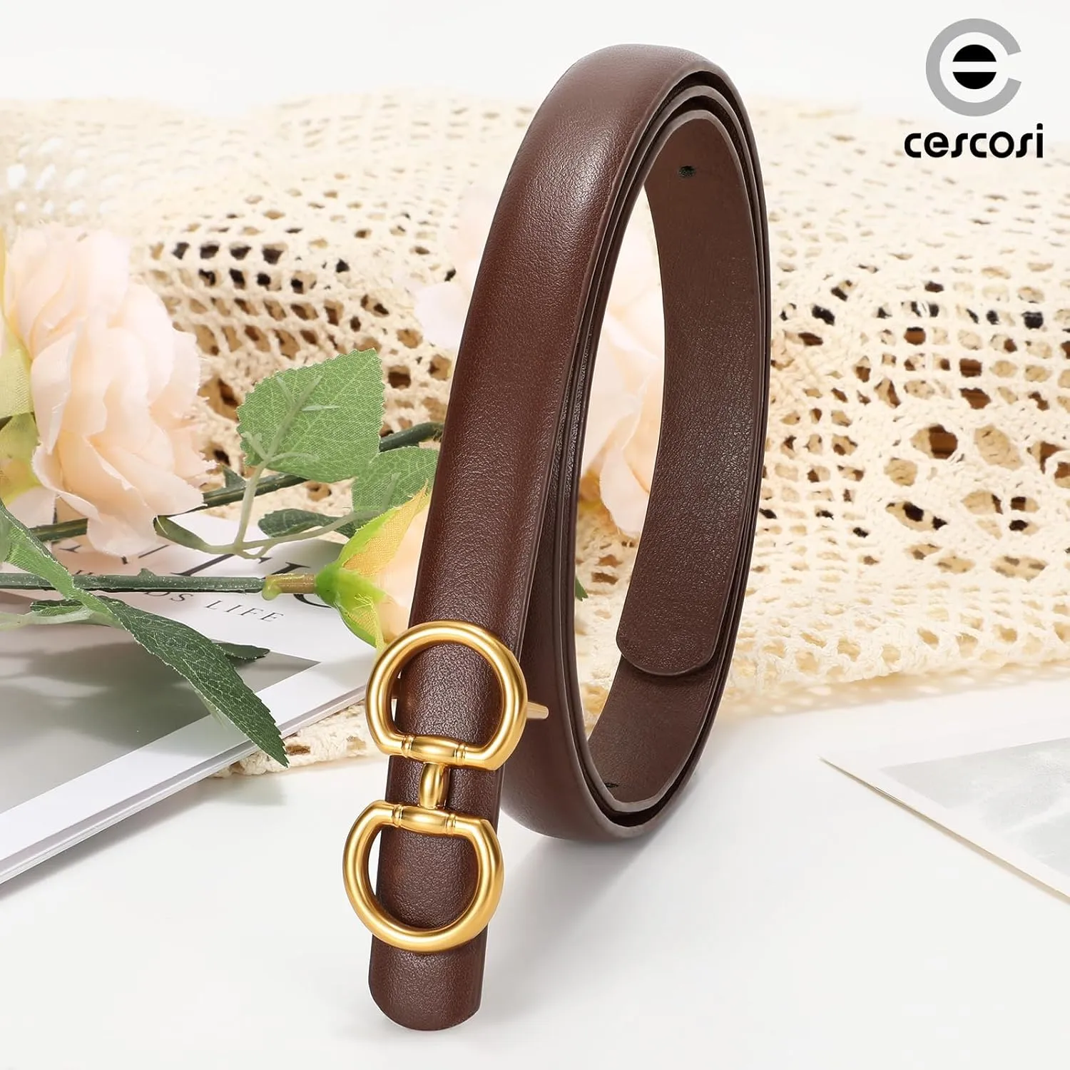 CESCOSI Women Skinny Leather Belts Ladies 2 Pack Thin Waist Belts with Gold Buckle for Dresses 0.7" Width