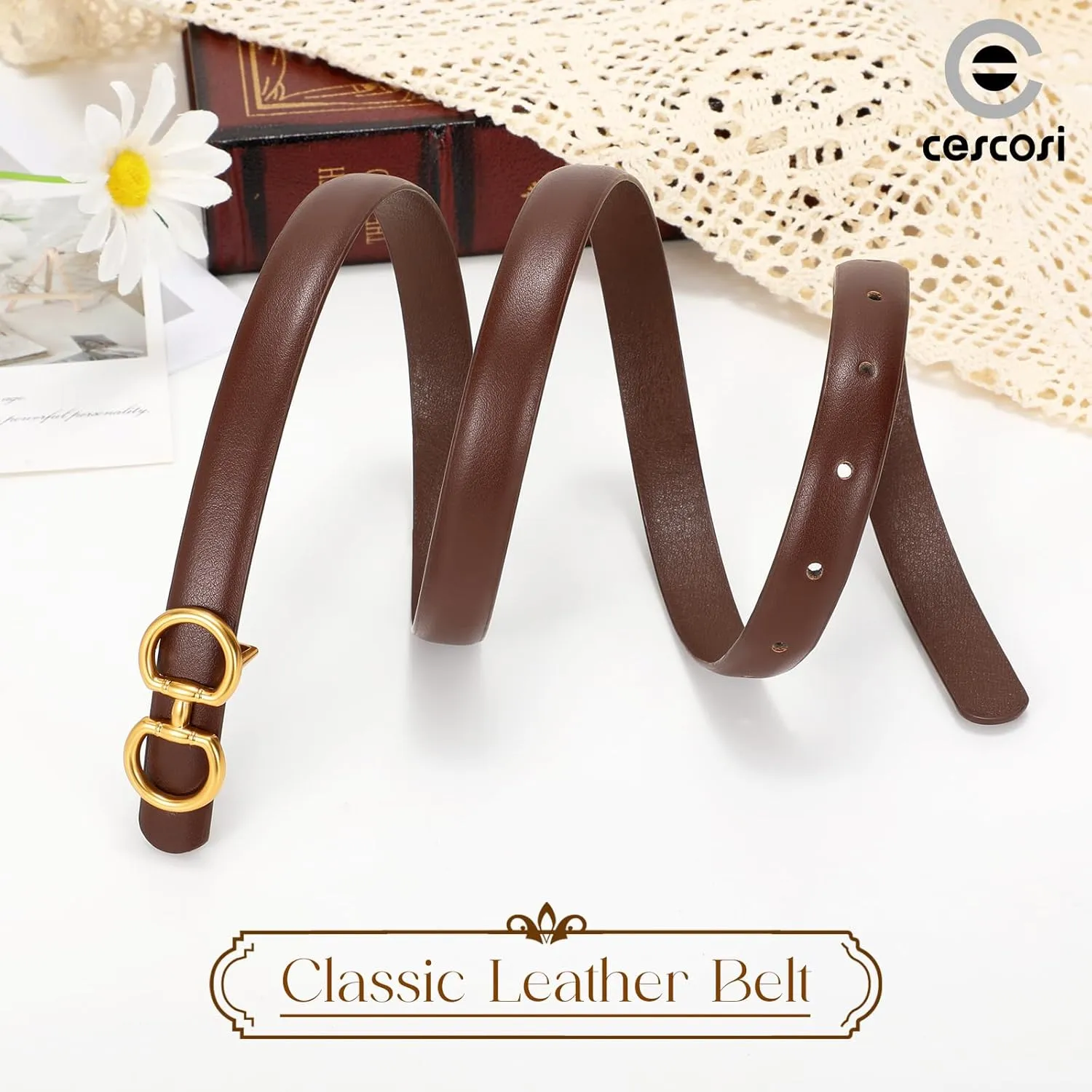 CESCOSI Women Skinny Leather Belts Ladies 2 Pack Thin Waist Belts with Gold Buckle for Dresses 0.7" Width