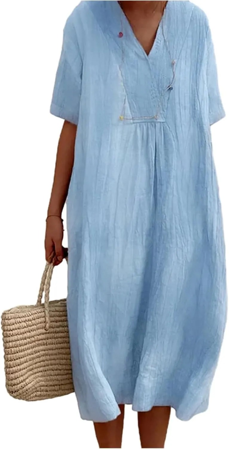 Cotton and Linen V-Neck Midi Dress Summer Casual Loose Short Sleeve T Shirts Long Dresses Comfortable Lounge Dresses