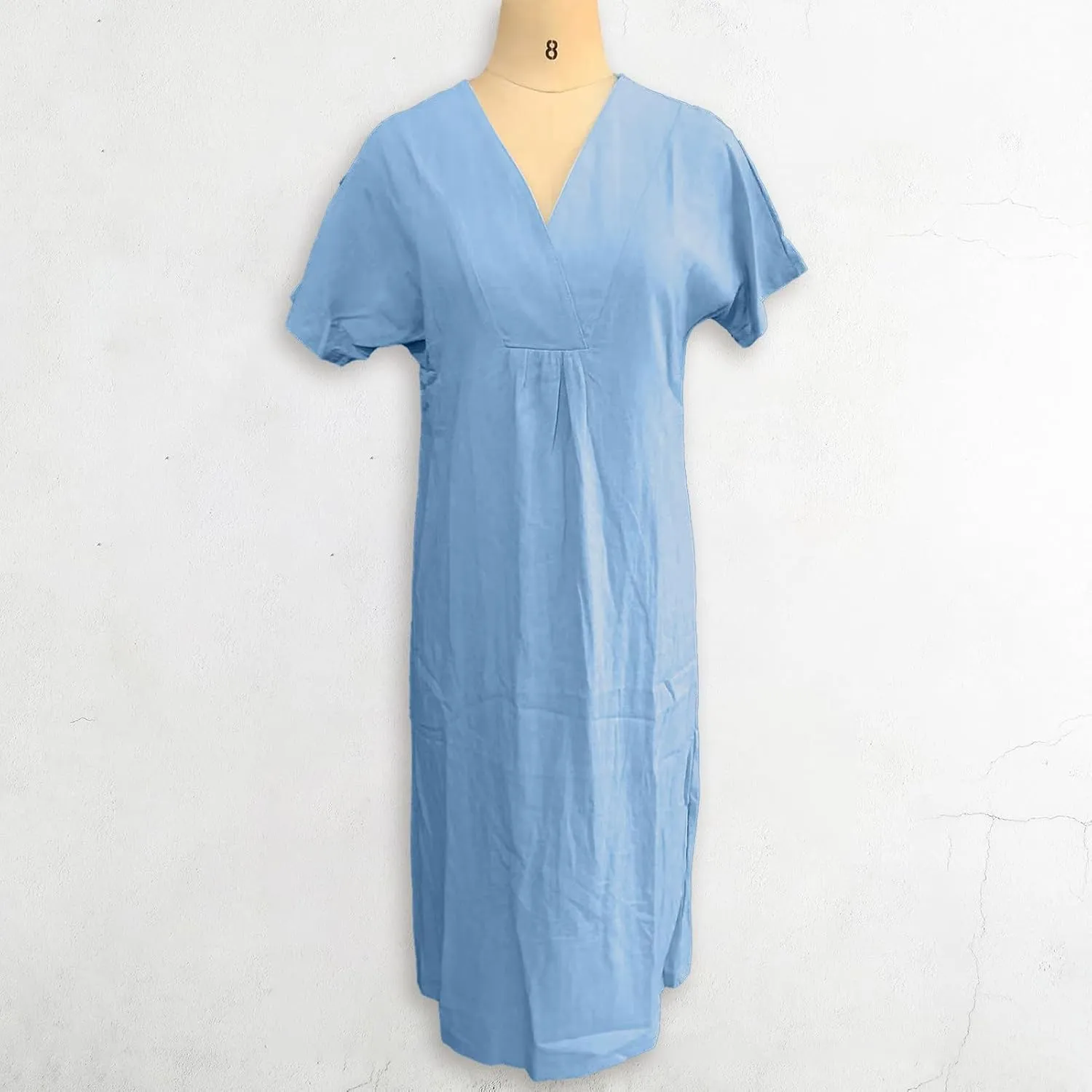 Cotton and Linen V-Neck Midi Dress Summer Casual Loose Short Sleeve T Shirts Long Dresses Comfortable Lounge Dresses