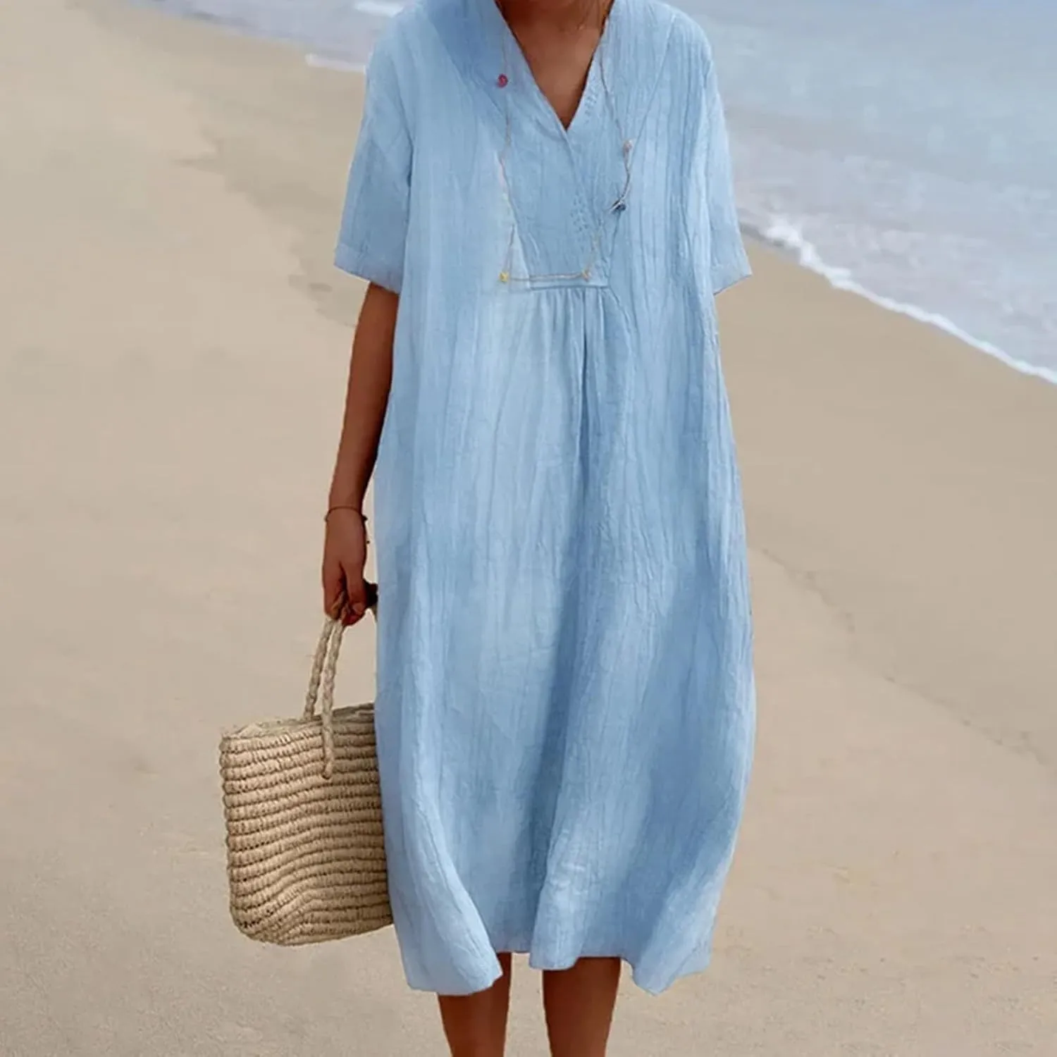 Cotton and Linen V-Neck Midi Dress Summer Casual Loose Short Sleeve T Shirts Long Dresses Comfortable Lounge Dresses
