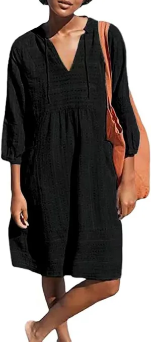 Cotton Linen Dress for Women 2025 Beach Vacation Dresses V Neck Half Sleeves Solid Color Casual Flowy Summer Dresses