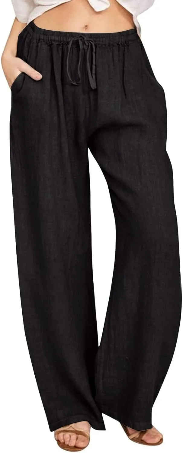 Cotton Linen Pants Women Summer Wide Leg Casual Loose Trousers Drawstring High Waist Palazzo Pants with Pockets 2025