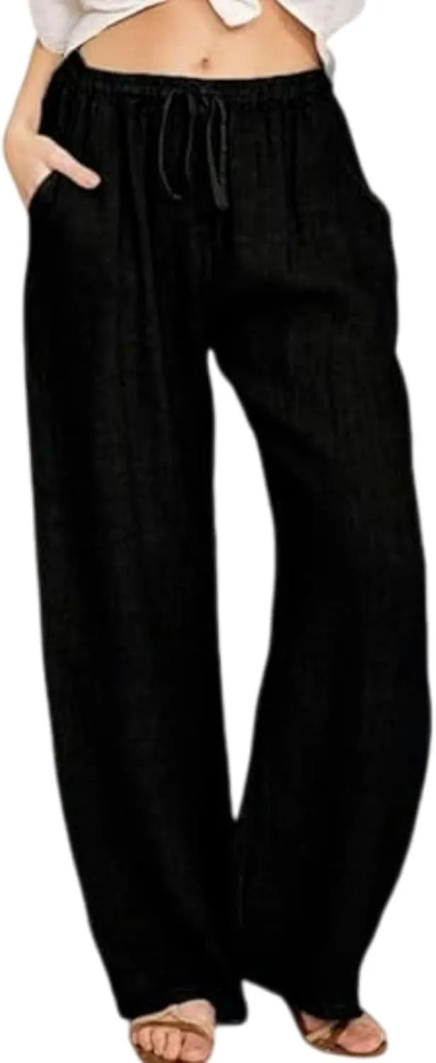Cotton Linen Pants Women Summer Wide Leg Casual Loose Trousers Drawstring High Waist Palazzo Pants with Pockets 2025