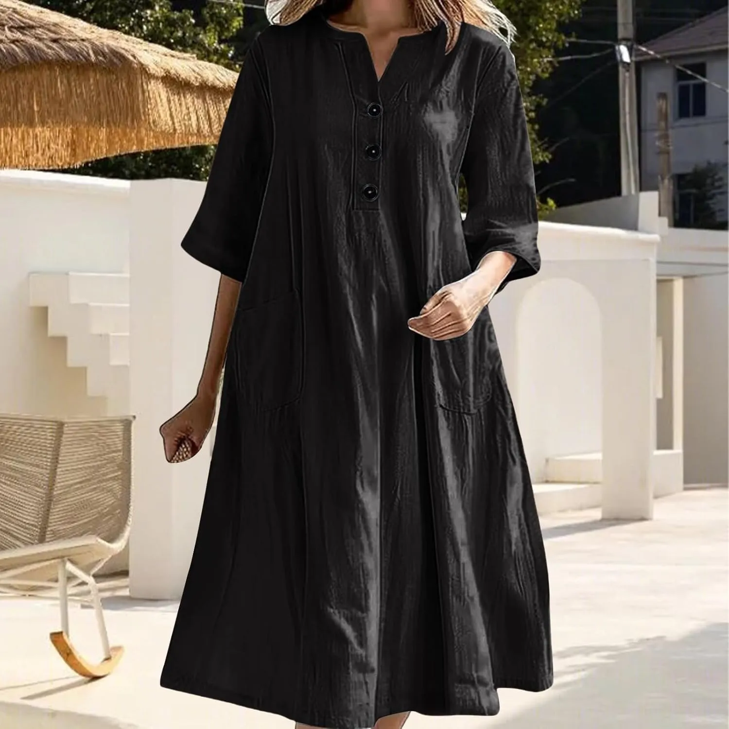 Cotton Linen Summer Midi Dresses for Women Vacation V-Neck Half-Sleeve Casual Loose Dress Beach Midi Sundress Pockets