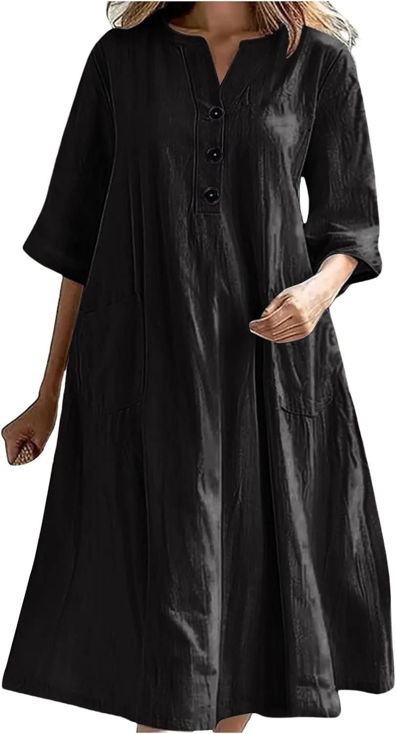 Cotton Linen Summer Midi Dresses for Women Vacation V-Neck Half-Sleeve Casual Loose Dress Beach Midi Sundress Pockets