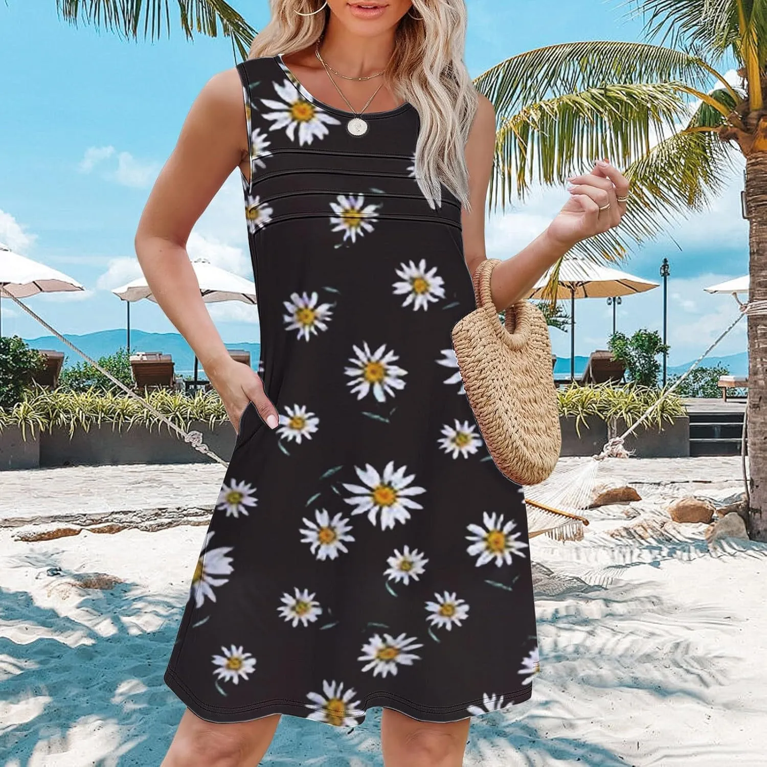 Cotton Summer Dresses for Women Womens with Pockets Summer Casual Tank Dress Sleeveless Midi Beach Dress Summer