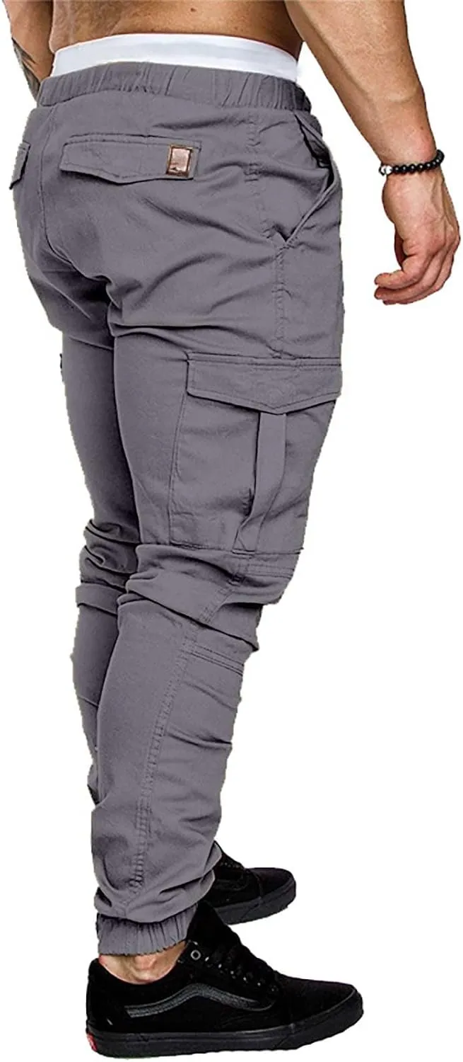 CRNTCEM Mens Skinny Fit Cargo Pants Twill Casual Athletic Joggers Drawstring Combat Tactical Track Pants Stretch Workout Pant