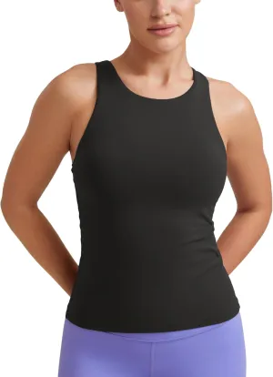 CRZ YOGA Butterluxe Womens Racerback Workout Tank Top with Built in Shelf Bra - Padded High Neck Yoga Athletic Camisole
