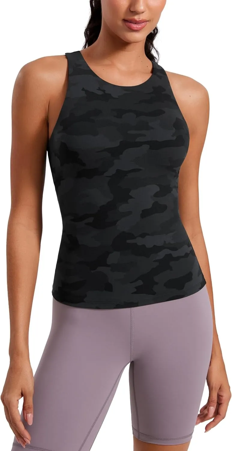 CRZ YOGA Butterluxe Womens Racerback Workout Tank Top with Built in Shelf Bra - Padded High Neck Yoga Athletic Camisole