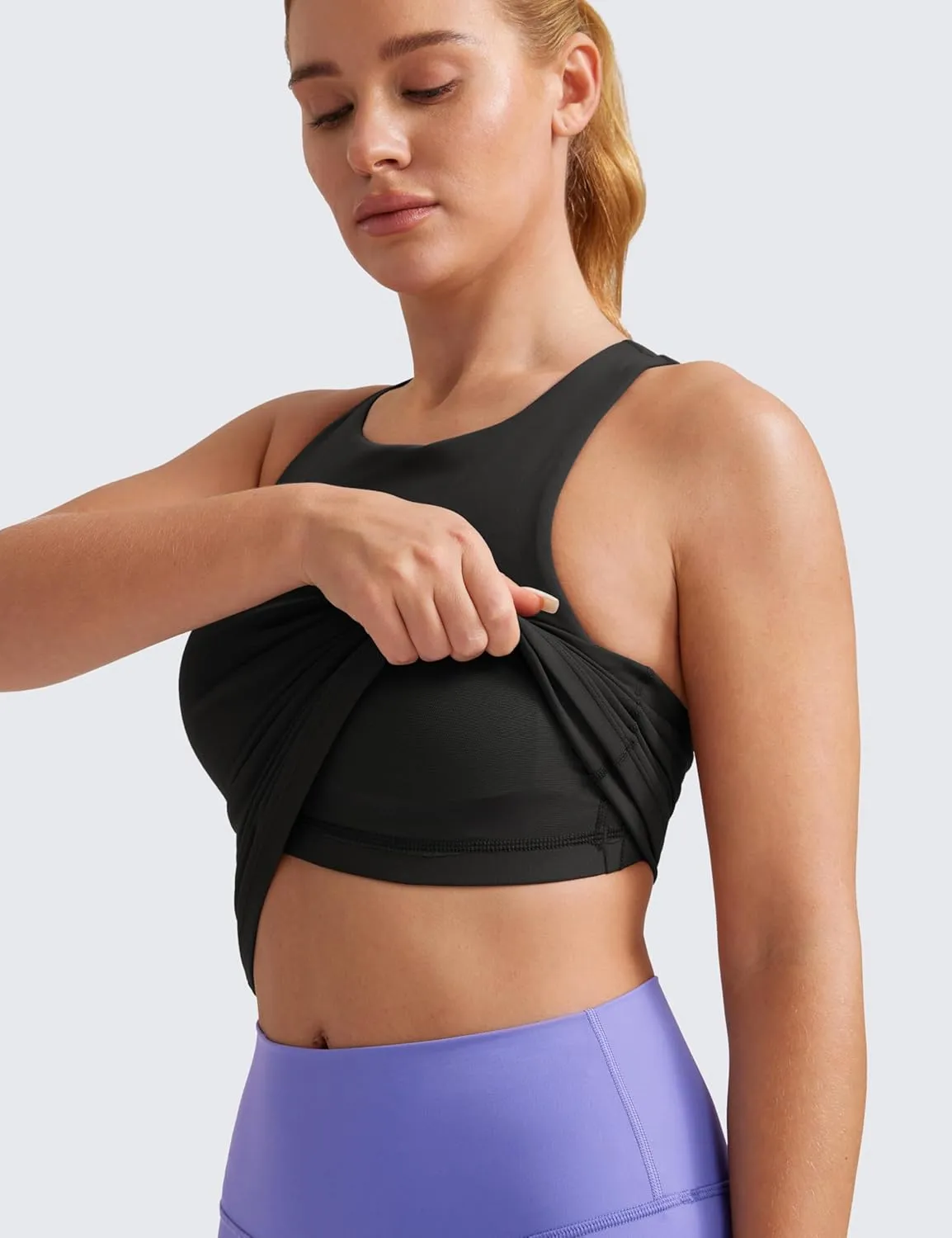CRZ YOGA Butterluxe Womens Racerback Workout Tank Top with Built in Shelf Bra - Padded High Neck Yoga Athletic Camisole
