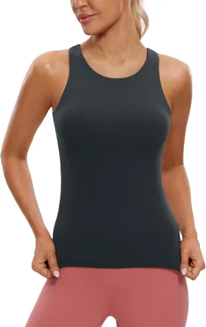 CRZ YOGA Butterluxe Womens Racerback Workout Tank Top with Built in Shelf Bra - Padded High Neck Yoga Athletic Camisole