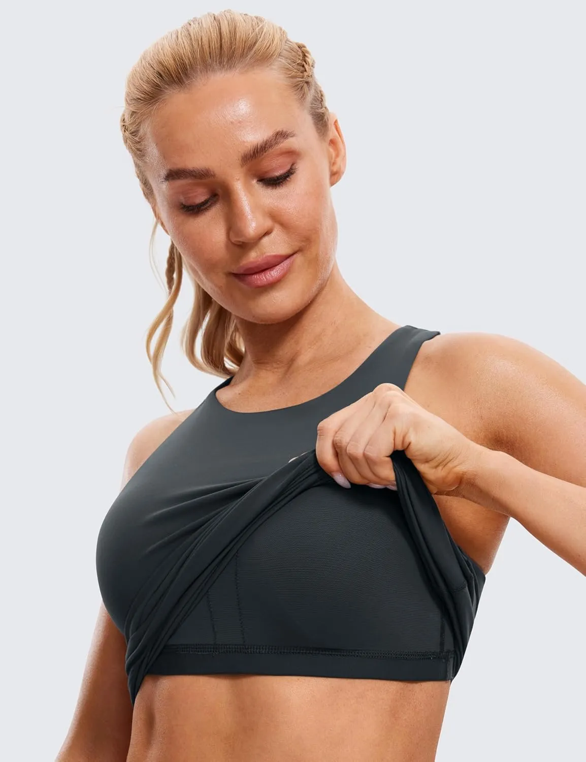 CRZ YOGA Butterluxe Womens Racerback Workout Tank Top with Built in Shelf Bra - Padded High Neck Yoga Athletic Camisole