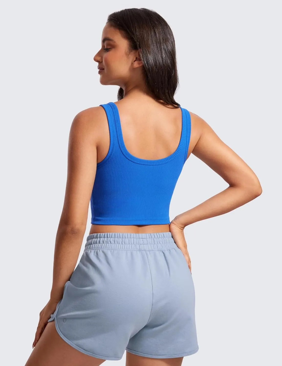 CRZ YOGA Womens Ribbed Longline Sports Bra - U Neck Padded Yoga Cami Workout Crop Tank Top Built in Pads