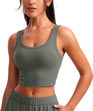 CRZ YOGA Womens Ribbed Longline Sports Bra - U Neck Padded Yoga Cami Workout Crop Tank Top Built in Pads