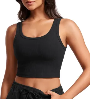 CRZ YOGA Womens Ribbed Longline Sports Bra - U Neck Padded Yoga Cami Workout Crop Tank Top Built in Pads