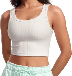 CRZ YOGA Womens Ribbed Longline Sports Bra - U Neck Padded Yoga Cami Workout Crop Tank Top Built in Pads