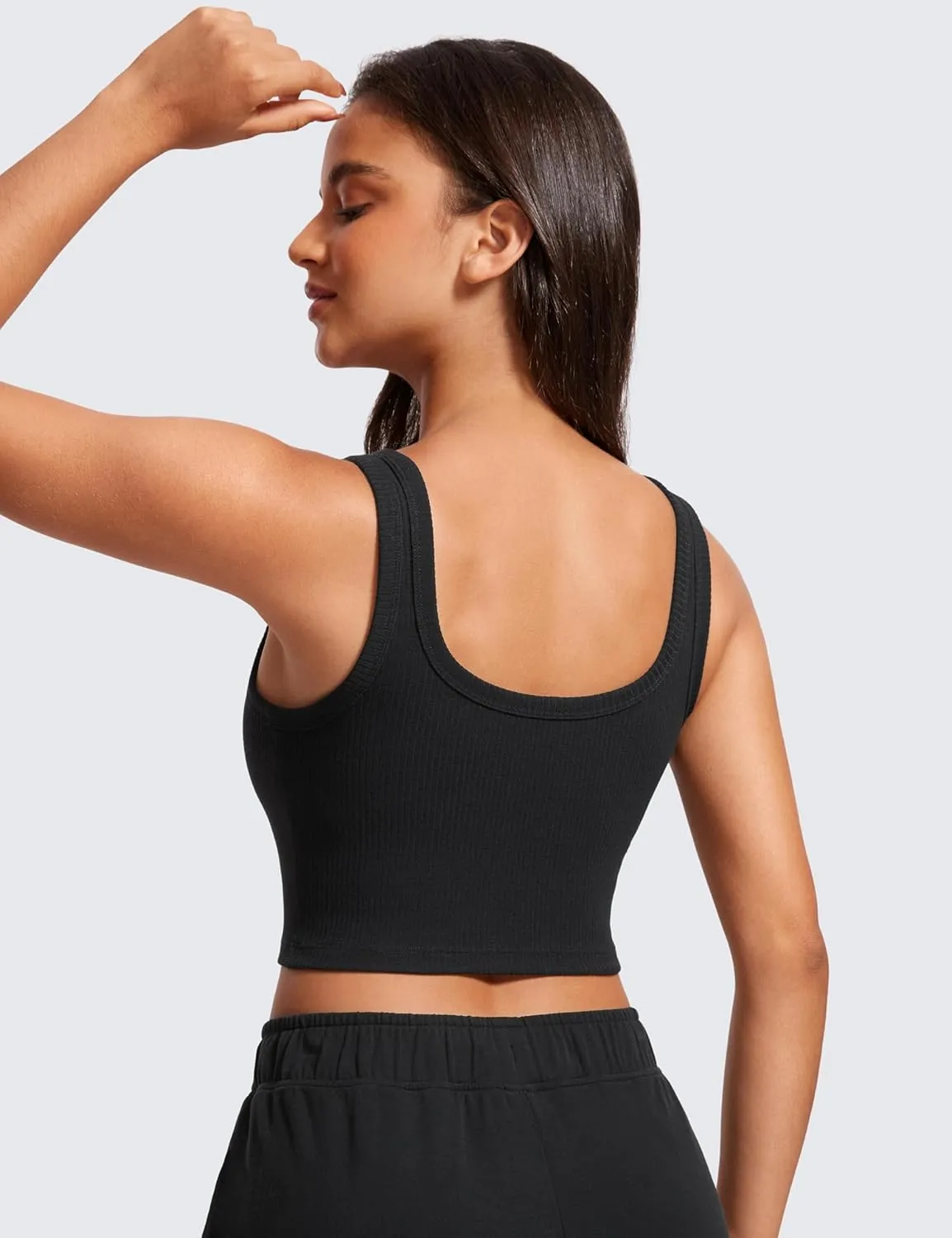 CRZ YOGA Womens Ribbed Longline Sports Bra - U Neck Padded Yoga Cami Workout Crop Tank Top Built in Pads