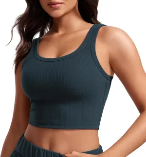 CRZ YOGA Womens Ribbed Longline Sports Bra - U Neck Padded Yoga Cami Workout Crop Tank Top Built in Pads