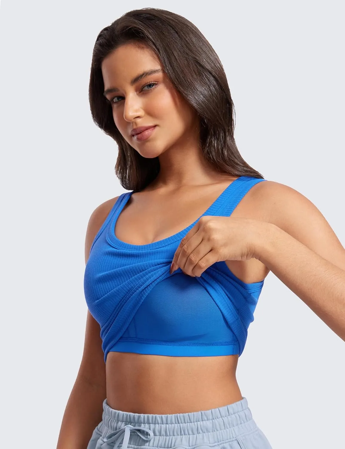 CRZ YOGA Womens Ribbed Longline Sports Bra - U Neck Padded Yoga Cami Workout Crop Tank Top Built in Pads