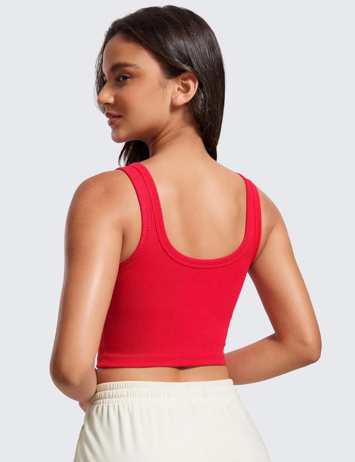 CRZ YOGA Womens Ribbed Longline Sports Bra - U Neck Padded Yoga Cami Workout Crop Tank Top Built in Pads