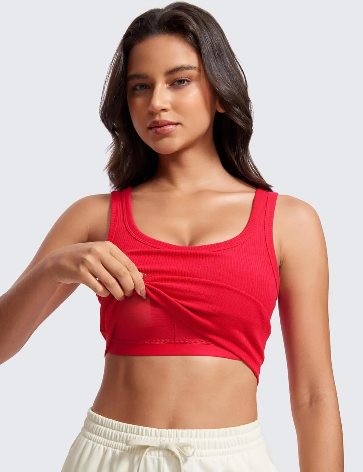 CRZ YOGA Womens Ribbed Longline Sports Bra - U Neck Padded Yoga Cami Workout Crop Tank Top Built in Pads