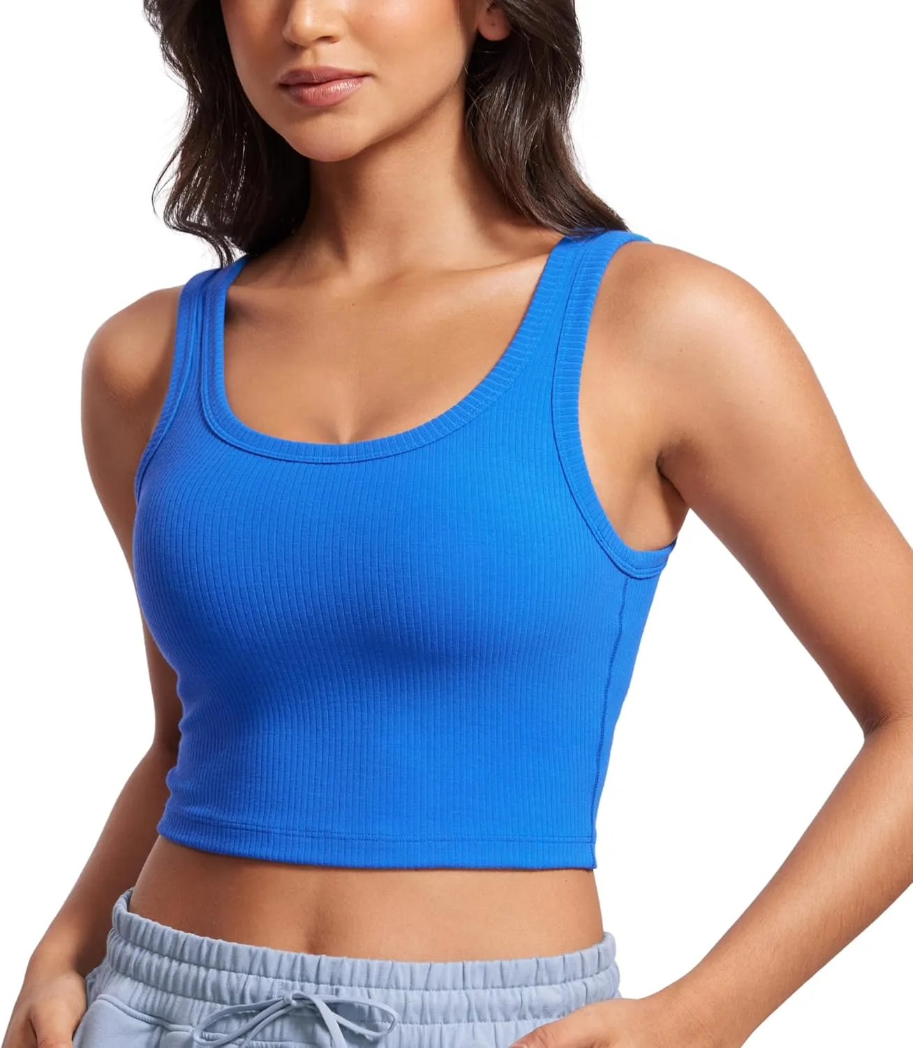 CRZ YOGA Womens Ribbed Longline Sports Bra - U Neck Padded Yoga Cami Workout Crop Tank Top Built in Pads