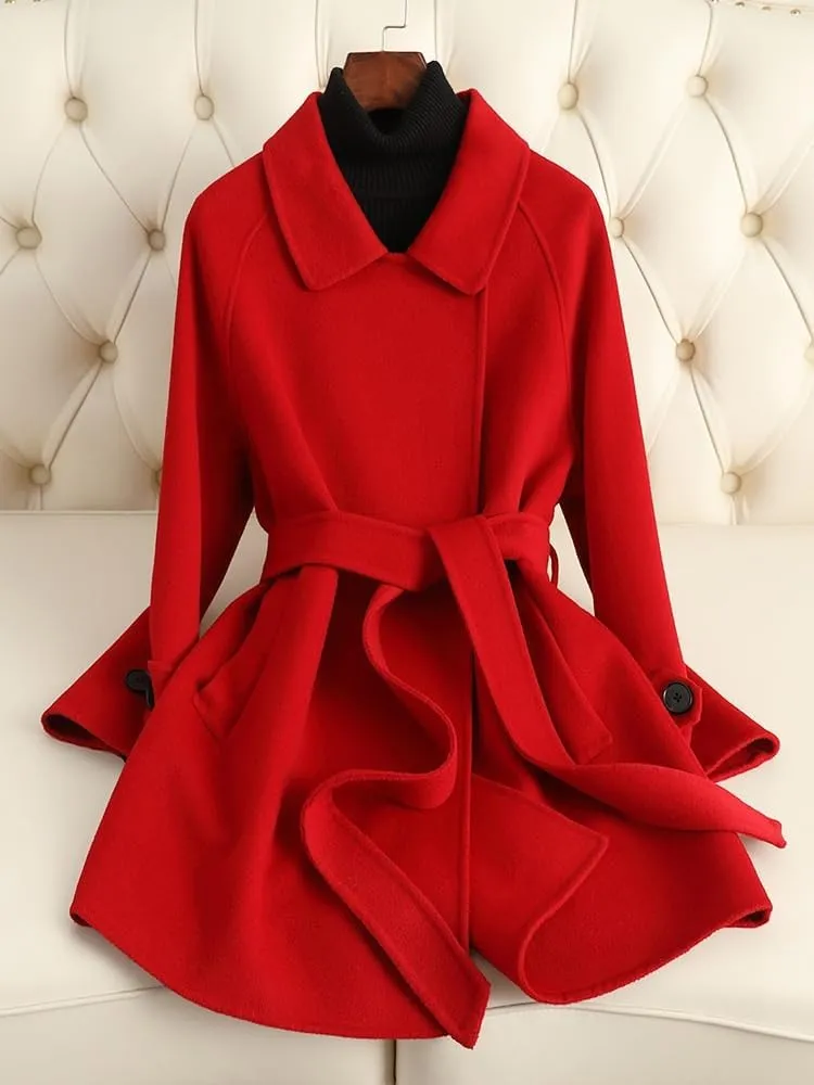 CSCDD Women's Wool Jacket OL Vintage Wool Blend Pea Trench Coat Elegant Red Jacket with Belts