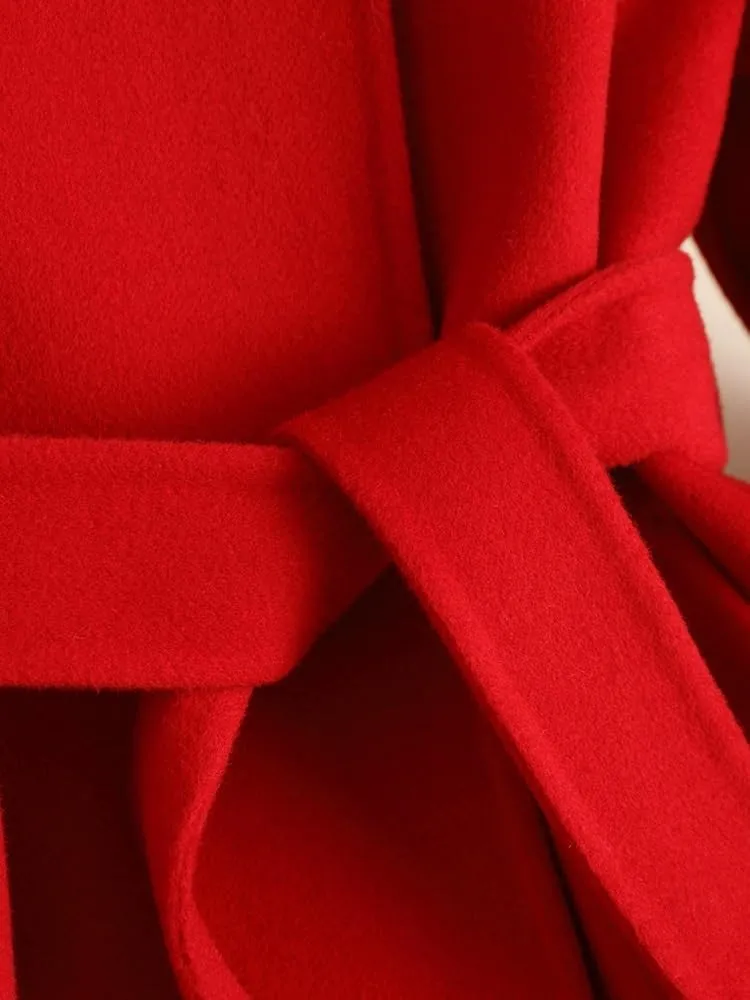 CSCDD Women's Wool Jacket OL Vintage Wool Blend Pea Trench Coat Elegant Red Jacket with Belts