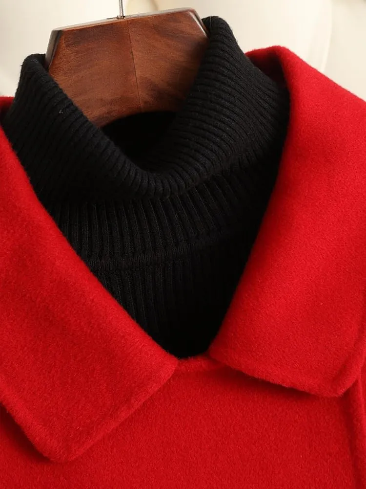 CSCDD Women's Wool Jacket OL Vintage Wool Blend Pea Trench Coat Elegant Red Jacket with Belts