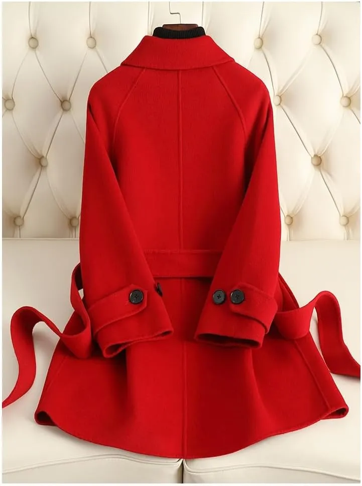 CSCDD Women's Wool Jacket OL Vintage Wool Blend Pea Trench Coat Elegant Red Jacket with Belts