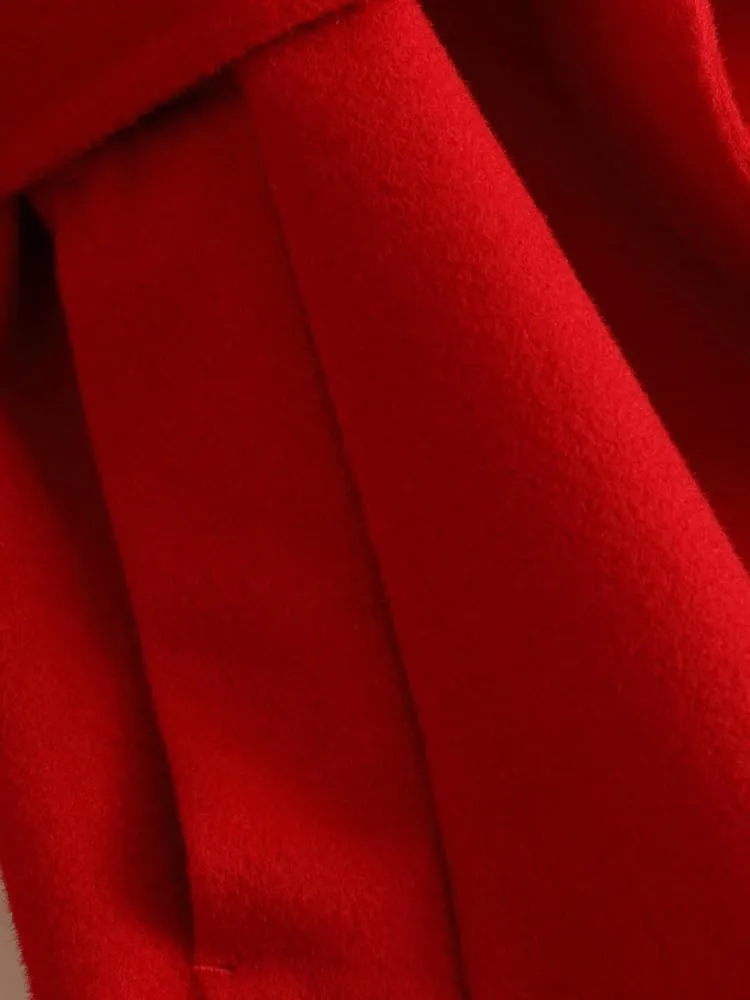 CSCDD Women's Wool Jacket OL Vintage Wool Blend Pea Trench Coat Elegant Red Jacket with Belts