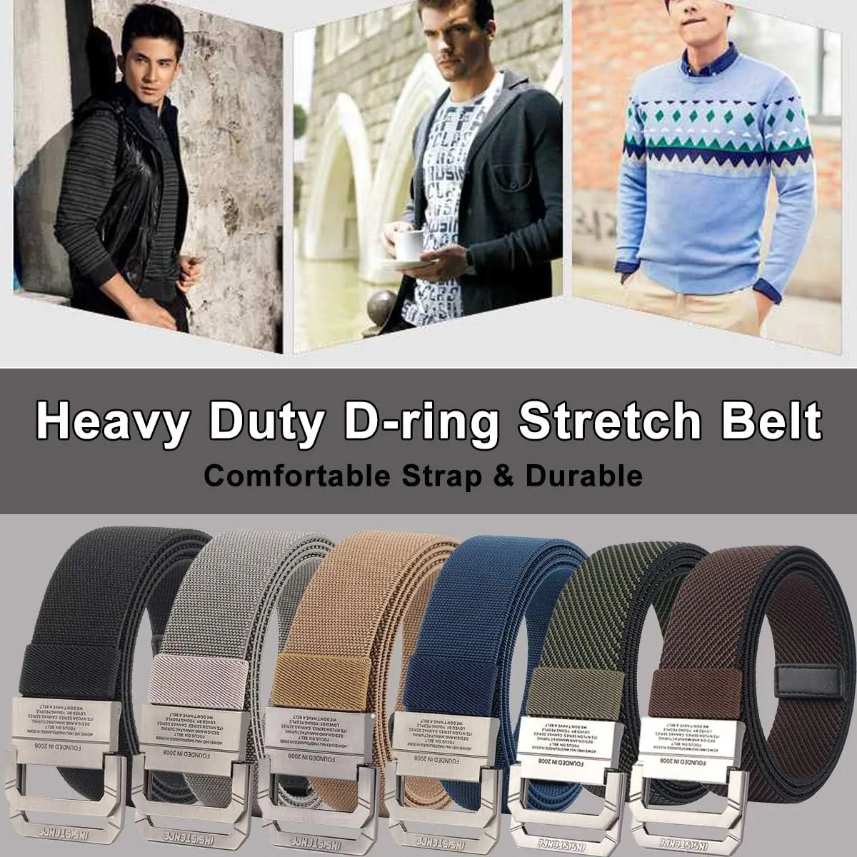 D-ring Tactical Belt, 2 Pack Elastic Stretch Military EDC Heavy Duty Belt