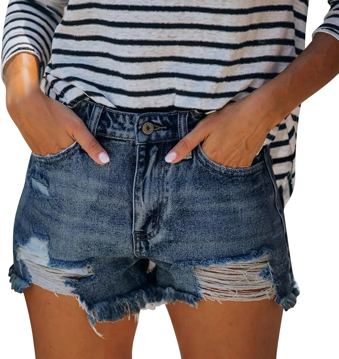 Denim Shorts Women Womens Mid-High Waisted Ripped Pocket Denim Jeans Shorts Cutoff Stretchy Summer Hot Short Pants