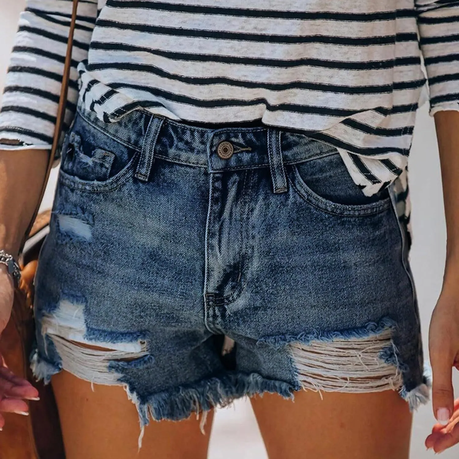 Denim Shorts Women Womens Mid-High Waisted Ripped Pocket Denim Jeans Shorts Cutoff Stretchy Summer Hot Short Pants
