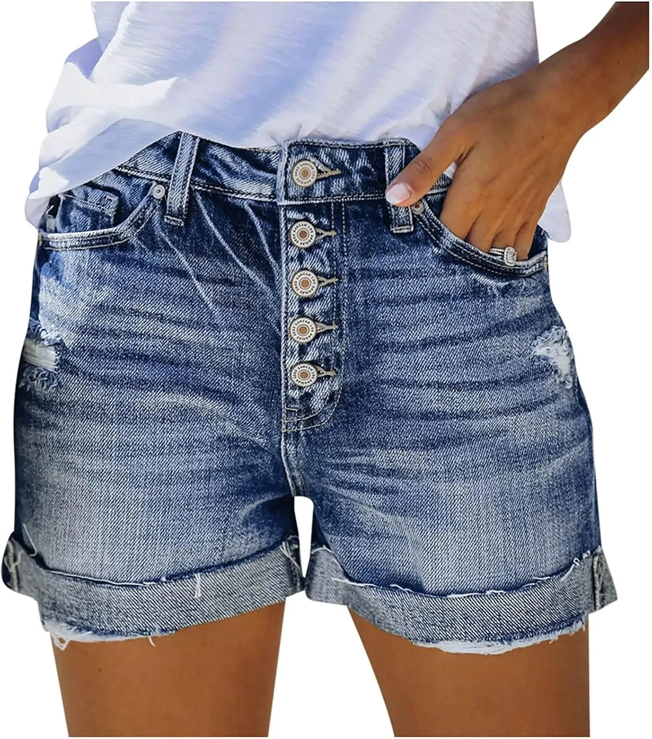 Denim Shorts Women Womens Mid-High Waisted Ripped Pocket Denim Jeans Shorts Cutoff Stretchy Summer Hot Short Pants