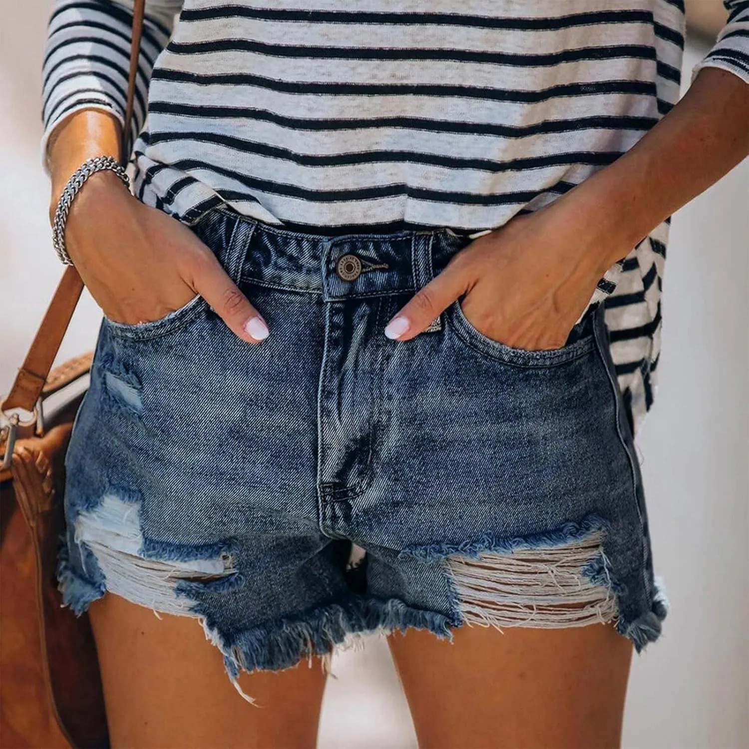 Denim Shorts Women Womens Mid-High Waisted Ripped Pocket Denim Jeans Shorts Cutoff Stretchy Summer Hot Short Pants