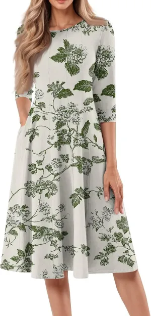 Dress for Women 3/4 Sleeve Spring Wrap Dress Empire Waist Floral Fitted Dresses Summer Cute Flowy Dresses with Pocket