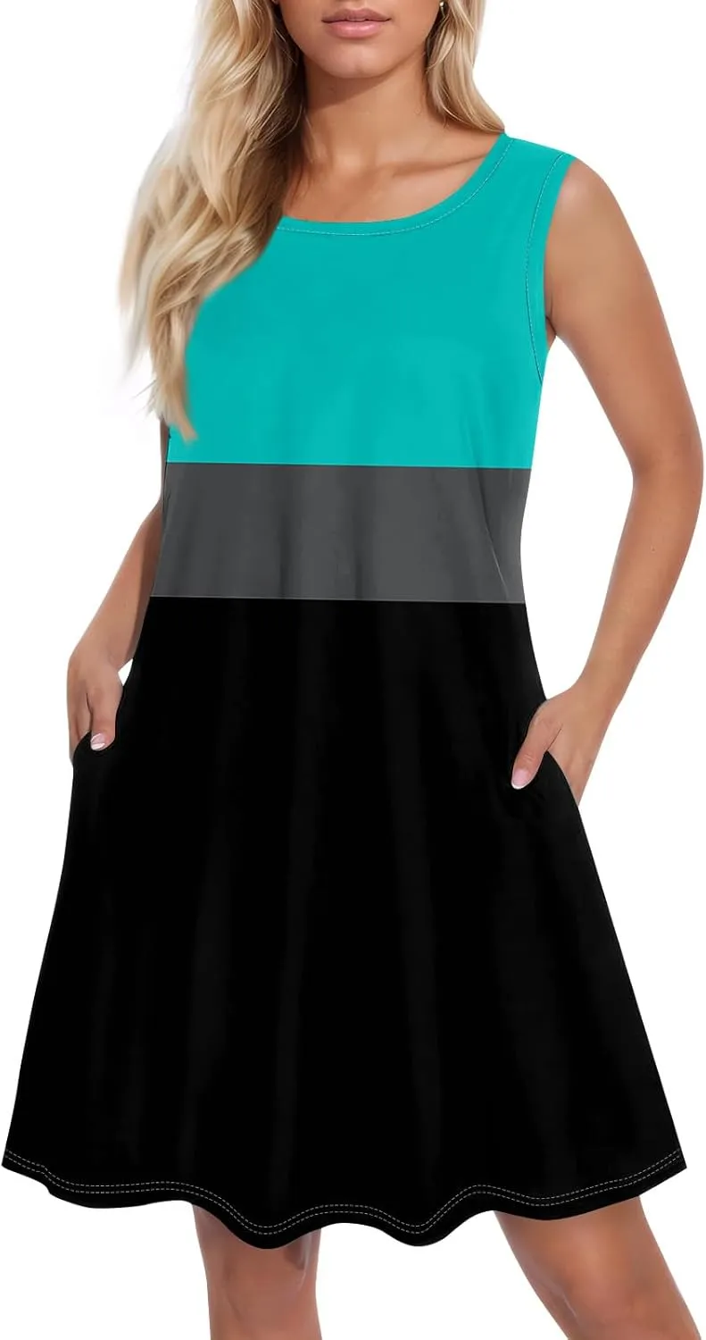 Dress for Women Spring Tank Dress Short Sun Dresses Sleeveless Patterned A Line Dresses Summer Flowy with Pocket