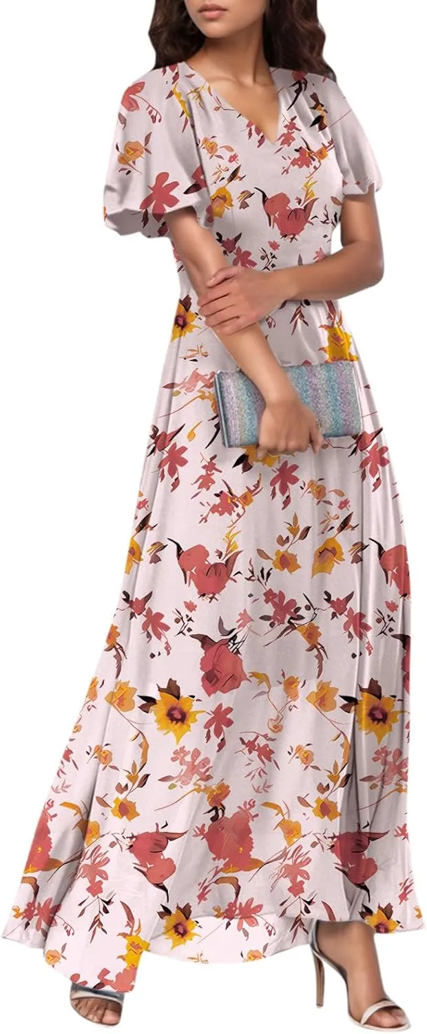 Dresses for Church Women 2025 Maxi Dress Summer Wrap Floral Ruffle Sleeve Chiffon Wedding Dress Boho