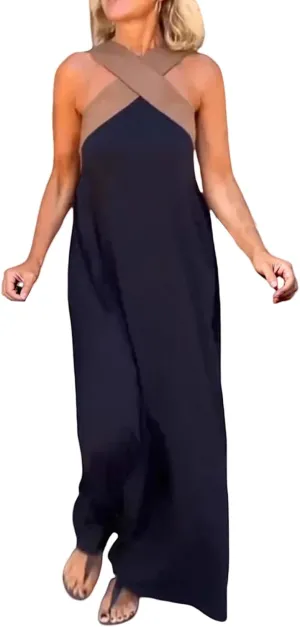 Dresses for Women 2025 Causal Summer Crossover Halter Neck Sleeveless Maxi Dress Trendy Sexy Backless Beach Long Dress