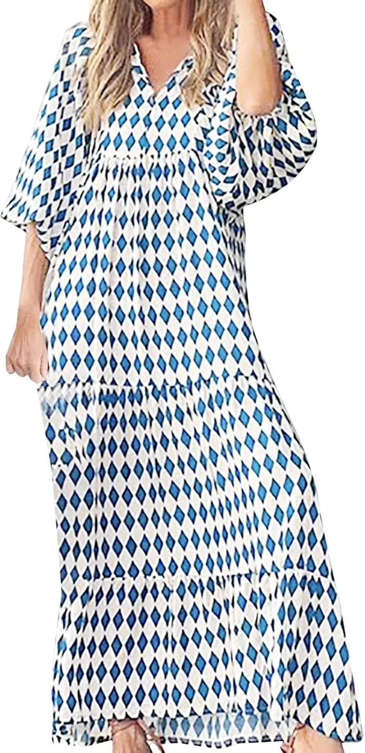 Dresses for Women Summer Boho Loose Fit Sundress Puff Half Sleeve V Neck Maxi Dress Printed Floral Dresses 2025