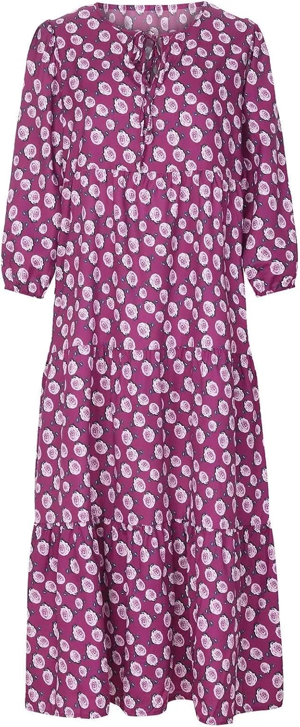 Dresses for Women Summer Boho Loose Fit Sundress Puff Half Sleeve V Neck Maxi Dress Printed Floral Dresses 2025